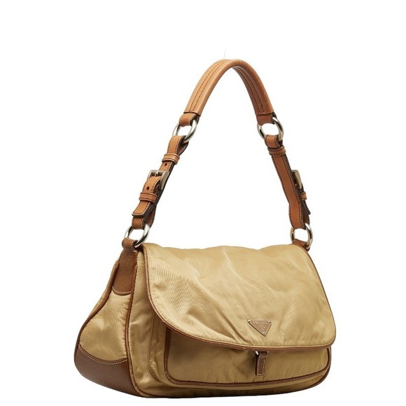 Prada One Handbag Tan Triangle Brown Shoulder Nylon Bag Plate Leather - Picture 1 of 11